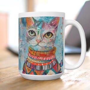 Cat Turtleneck Sweater Ceramic Mug, Cute Feline 15oz Cup for Cat Owners, Holiday Hot Cocoa cup, Christmas Gift Cozy Cat, adorable winter cat