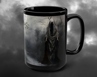 Hooded Wrath mug, Halloween mug, Gothic mug, creepy, horror, Goblin core, Goth, large coffee mug, large coffee cup, unique, Black Mug, 15oz