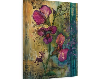 Violet Sweet Pea Floral Canvas Print: Fairy & Butterfly Art