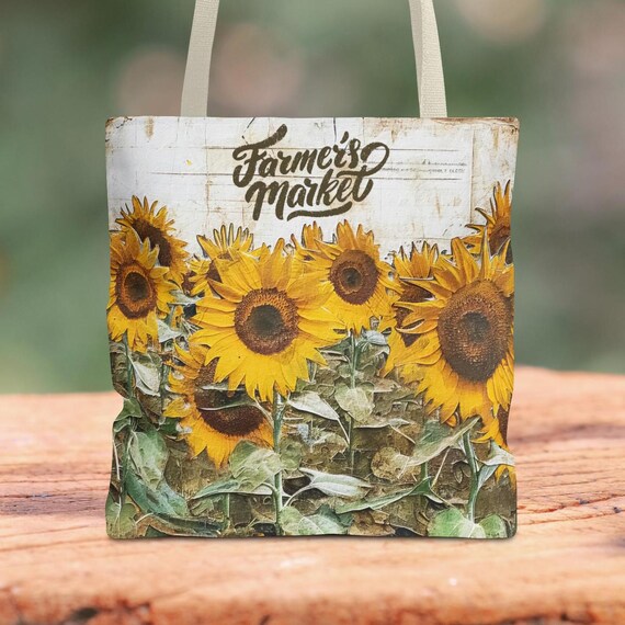ひまわりの花　 ハンドメイド トートバッグ ひまわりトートバッグ：ファーマーズマーケットの収穫バッグ