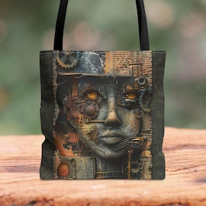 Puede incluir: Una bolsa de tela con fondo oscuro y una imagen colorida de una cara hecha de engranajes, metal y otras piezas mecánicas. La cara tiene ojos amarillos y una expresión seria.