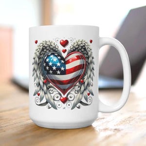 Patriotic Mug, Angel Wings Memorial Cup, USA Flag Heart Coffee Mug, Military Tribute Tea Cup, Veteran Gift, Memorial Day Drinkware