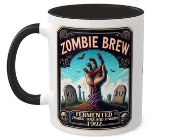 Taza de café Zombie Brew, etiqueta de veneno de bruja de Halloween