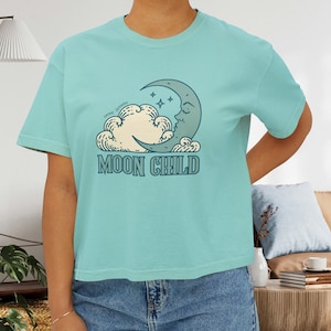 Women&#39;s Boxy Tee, comfy partially cropped shirt, oversized cropped tee, boxy shirt, moon child, summer t shirt, women&#39;s top, comfy top,