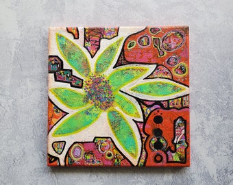 Green Life, acrylic expressionistic abstract, floral abstract, lime green, red orange, one of a kind, 8x8 inch canvas, mixed media