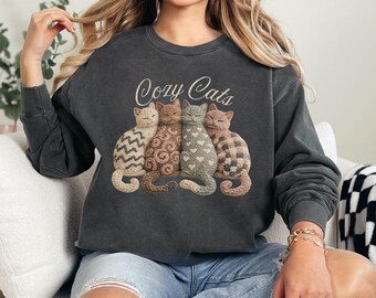 Gemütliches Katzen Grafik Sweatshirt | Gemusterter Trio Rundhalsausschnitt
