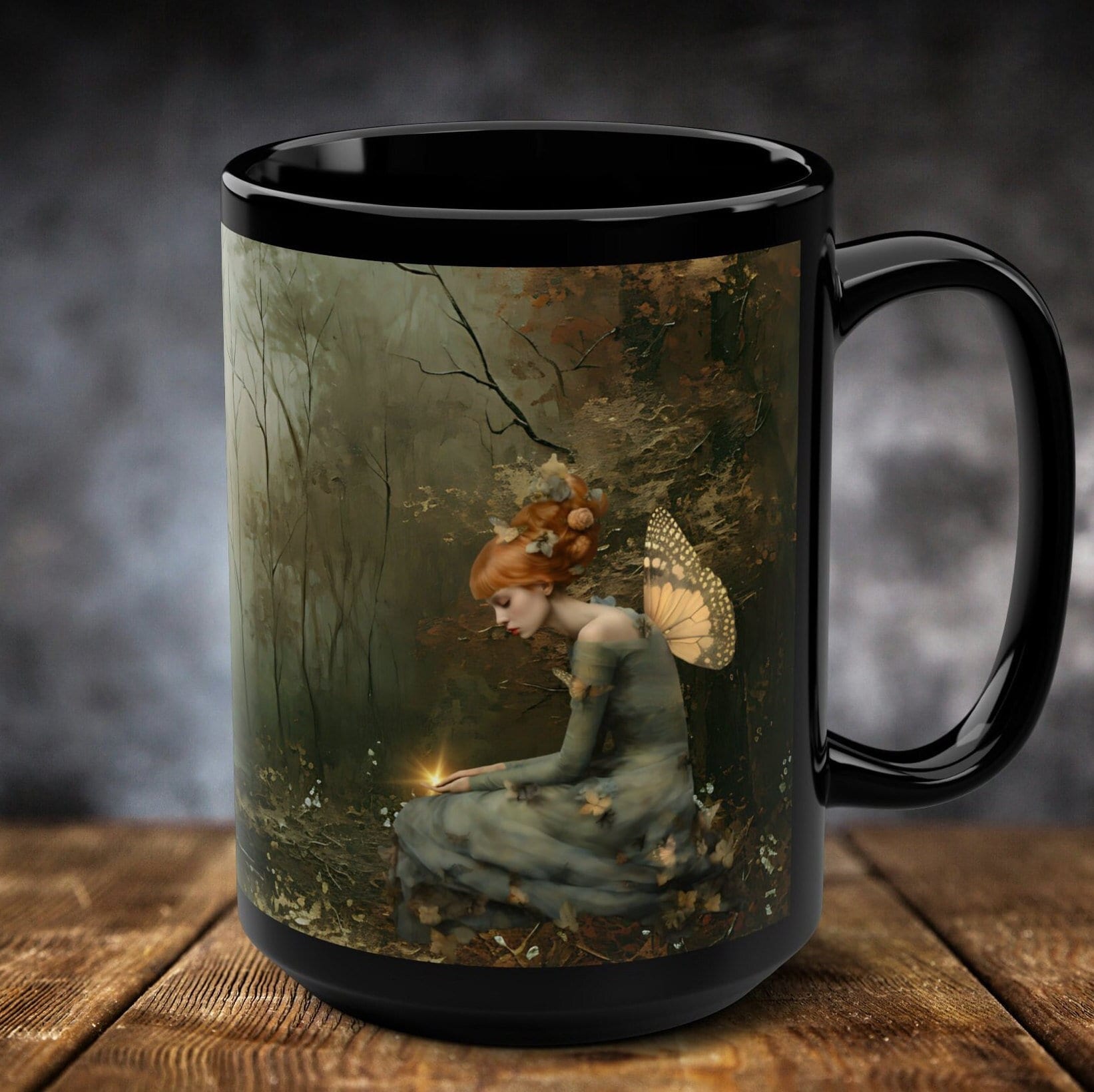 Autumn Fairy Light mug, large mug, Cottage core mug, fairy, woodland fairy, coffee lover gift, autumnal, big coffee cup, Black Mug, 15oz