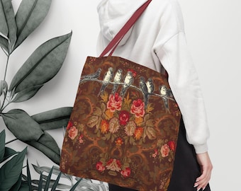 Draagtas Vogels op Tak | Vintage bloemendamastpatroon
