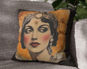 Vintage Femme Fatale vierkante kussensloop, decor Roaring Twenties, kleurrijke kussensloop, verleidelijke kussensloop, art-decokussen, accent
