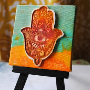 Orange Hamsa, mini mixed media, mixed media art, Hamsa, orange, aqua, one of a kind, image 3