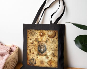 Boho Sternzeichen Tragetasche: Vintage Löwe Kunst, umweltfreundliche Leinwand