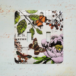 Botanical Series,  Light Violet Bloom, double metal switch plate, collage papers, florals, butterflies,  lavender, green, hand painted, ooak