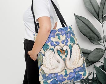 Draagtas hart van zwaan | Blauw bloemenpatroon, all-over print