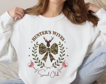 Hunter's Wives Social Club Sweatshirt: Camo Bow Deer Laurel Wreath