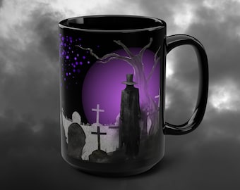 Graveyard Encounter mug, Gothic, Goth, graveyard, cemetery, large mug, large coffee cup, hat man, creepy, Halloween, gift, Black Mug, 15oz