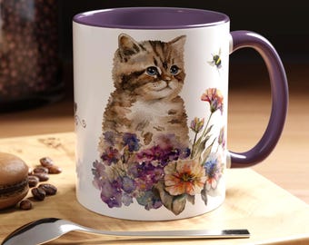 Aquarell Kätzchen mit Blumen Akzent Kaffeetasse | 11 Unzen 15 Unzen
