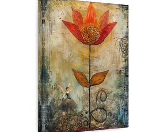 Fiery Orange Flower Canvas Art Print: Fairy Core Floral Wall Decor