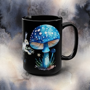 Woodland Blue Mushroom, jack rabbit, rabbit, Cottage Core, whimsical, large coffee mug, unique gift, mushroom, Black Mug, 15oz