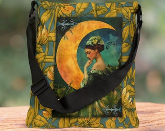 Vintage draagtas Moon Maiden | Art nouveau bloemen wassende maan