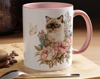 Blumenkatze Kaffeebecher | Ragdoll Pfingstrosen Akzent Becher