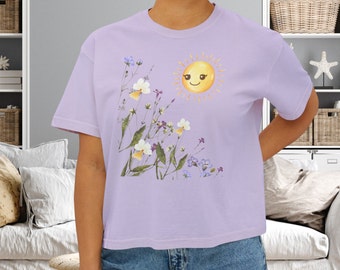 Women's Boxy Tee, spring wildflowers t shirt, cute sun wildflower shirt, spring cropped tee, loves wildflowers, women's clothing,