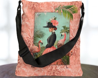 Tropische draagtas Lady Portrait | Verstelbare riem met flamingo-bloemen