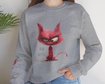 Grumpy Red Cat Illustration Rundhals-Sweatshirt | Lustige Katzen Grafik, Bad Kitty Shirt