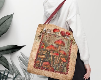 Vintage rode draagtas met paddenstoelpaddestoel | Botanische schimmelkunst