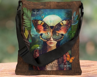 Draagtas vlindermasker vrouw | Surrealistisch portret, tropische bladeren,