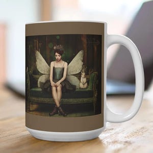 The Contemplative Fairy Mug 15oz, large coffee mug, big beverage cup, fairycore, fantasy, enchanting, fairy in gown mug, loves fairies gift