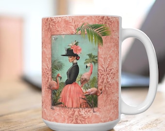 Victoriaanse dame met flamingo's mok | Vintage tropische illustratie