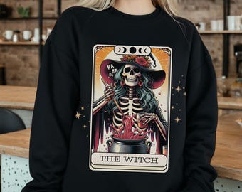 Häxa Tarotkort Tröja, Halloween Skelett Tröja