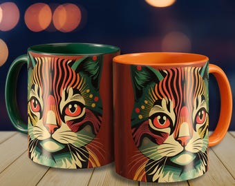 Retro Tabby Cat Mug: Colorful Coffee Cup, Cat Lover Gift