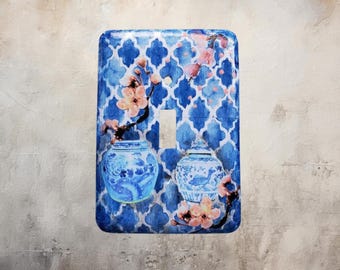 Decoupage Metal Toggle Switch Plate: Blue Ginger Jars & Cherry Blossoms