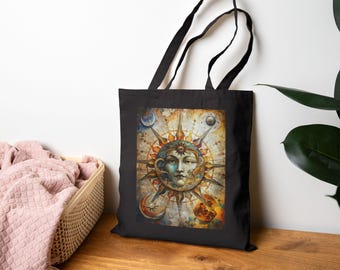 Sun and Moon Cotton Canvas Tote Bag: Celestial Astrology Design