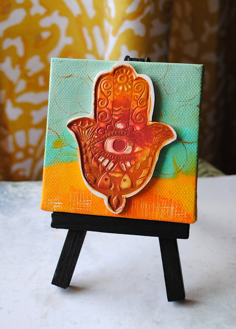 Orange Hamsa, mini mixed media, mixed media art, Hamsa, orange, aqua, one of a kind, image 2