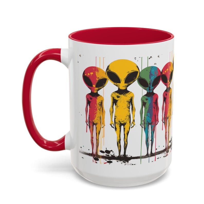 Taza de café con diseño de extraterrestre colorido: OVNI extraterrestre de ojos grandes imagen 2