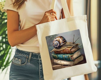 Snail on Books Tote Bag: Cotton Canvas Book Lover Gift