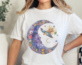Crescent Moon & Flowers T-Shirt: Garment-Dyed Cotton Tee