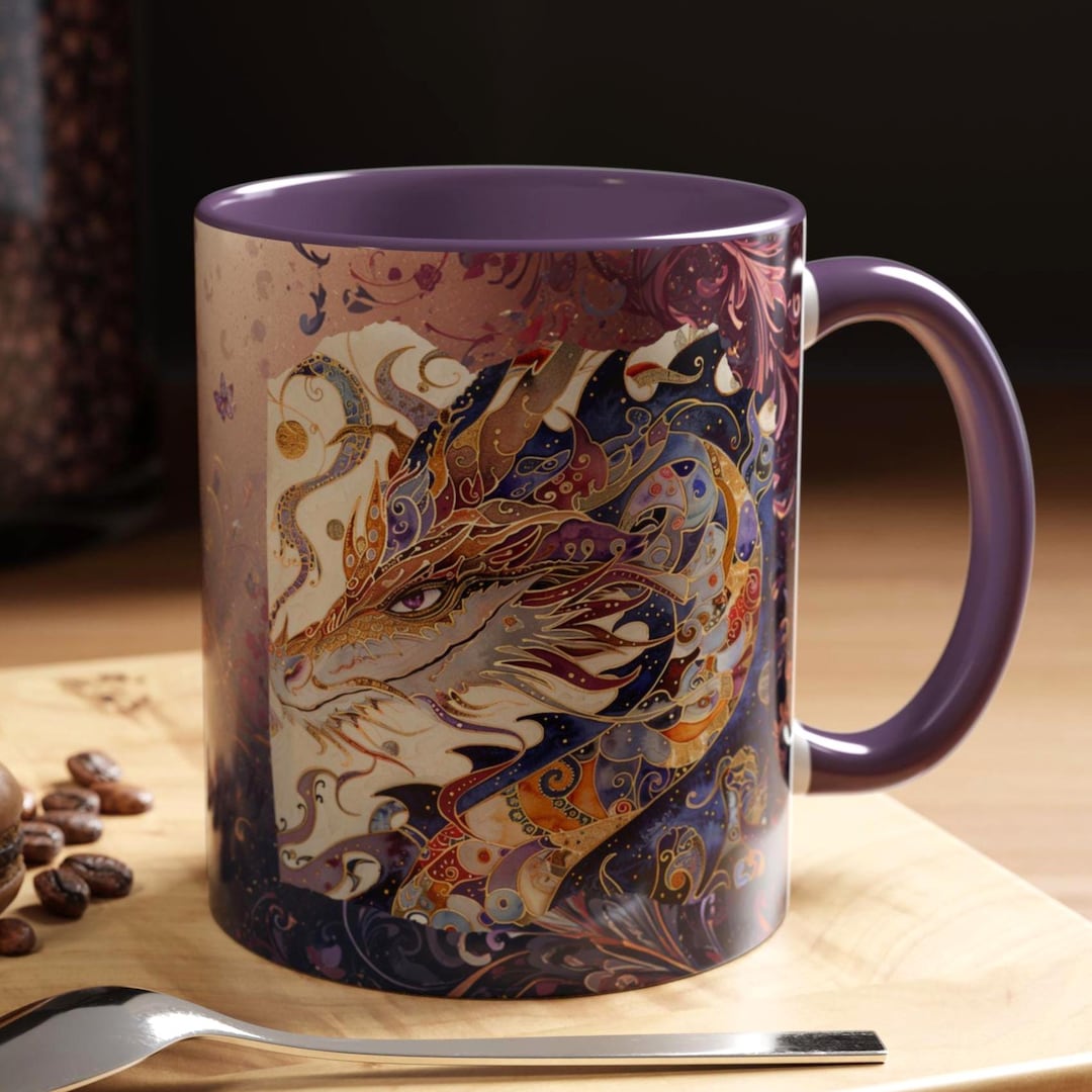 Whimsical Fantasy Dragon Coffee Mug | Four Accent Colored Handles and ...