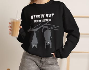Hanging Out Bat and Cat Sweatshirt | Friends Pun Halloween Shirt