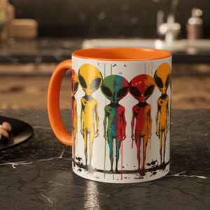 Taza de café con diseño de extraterrestre colorido: OVNI extraterrestre de ojos grandes 11oz