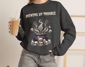 Brewing Up Trouble cauldron sweatshirt | Halloween skulls potion design