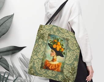 Draagtas vrouw met oranje fruithoed | Vintage fruitportret, damast achtergrond