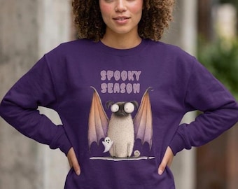 Spooky Season Bat Pug Crewneck Sweatshirt | Halloween Bat Pullover