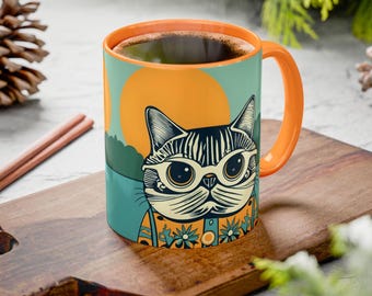 Retro Cat Mug: Whimsical Colorful Coffee Cup, Kitchen Decor