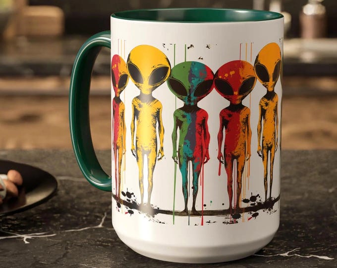 Colorful Alien Coffee Mug: Big Eyed Extraterrestrial UFO Gift