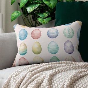 Almohada con forma de huevo de Pascua, decoración de primavera, cojín con forma de huevo de acuarela pastel, almohada lumbar de poliéster en azul, verde, rosa y morado, almohada decorativa de Pascua