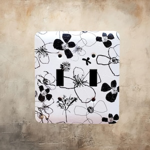 Whimsical Flowers, black and white, double toggle switch plate cover, decoupage,