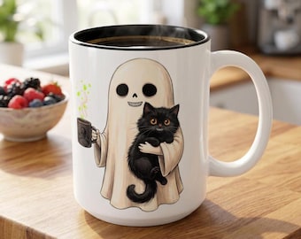 Ghost Holding Black Cat Mug | Halloween Cute Spooky Coffee Cup